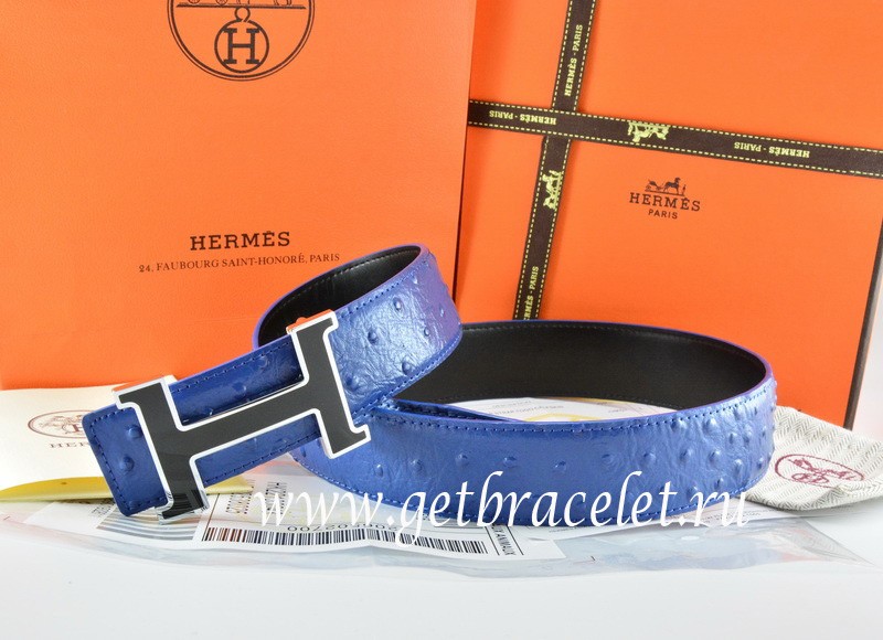 Fake Hermes Reversible Belt Blue/Black Ostrich Stripe Leather With 18K ...