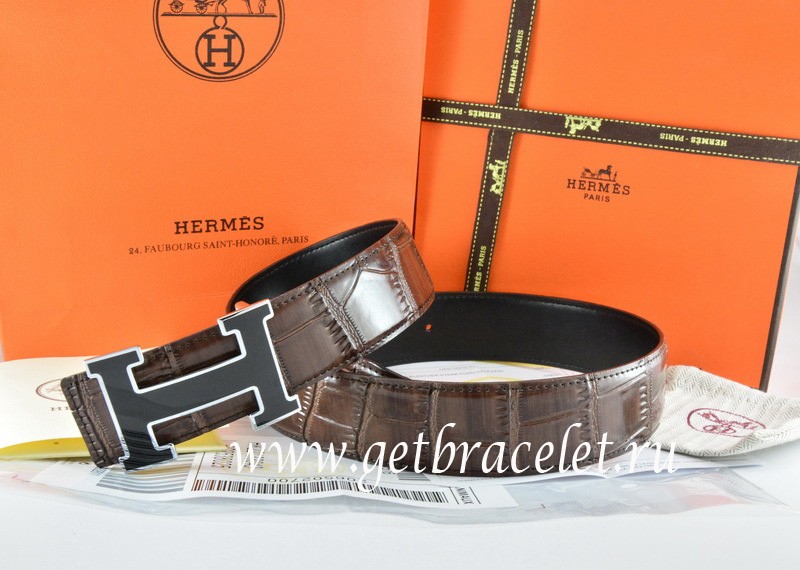 Fake Hermes Reversible Belt Brown/Black Crocodile Stripe Leather ...
